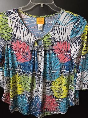 Ruby Rd. Multicolor Tropical Leaf Keyhole Tunic - Blue, Teal, Pink, Lime